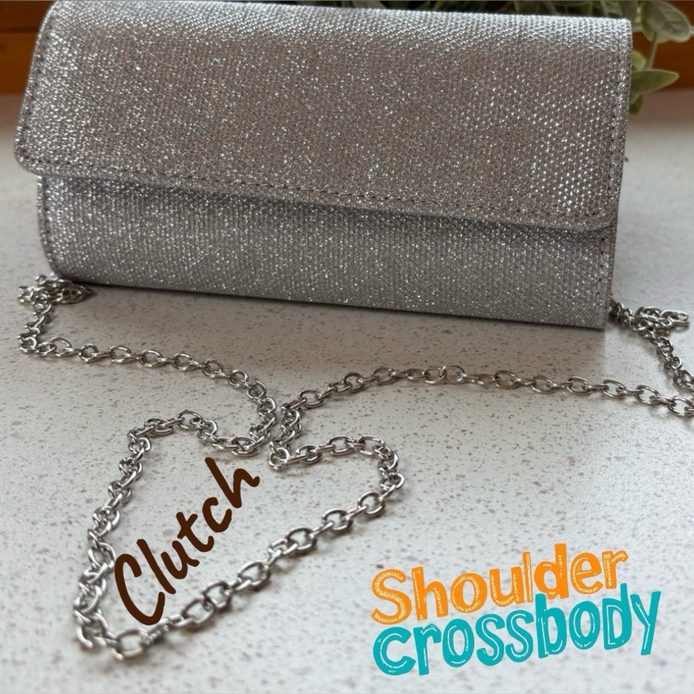 👛(ANY 2/$25) NWOT Glitter Shoulder/Crossbody bag Detachable 21” Silver Chain